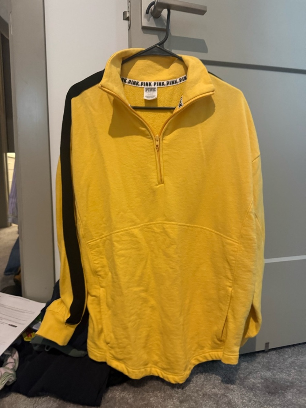 PINK Victoria's Secret Yellow Half-Zip Pullover with Black Stripe